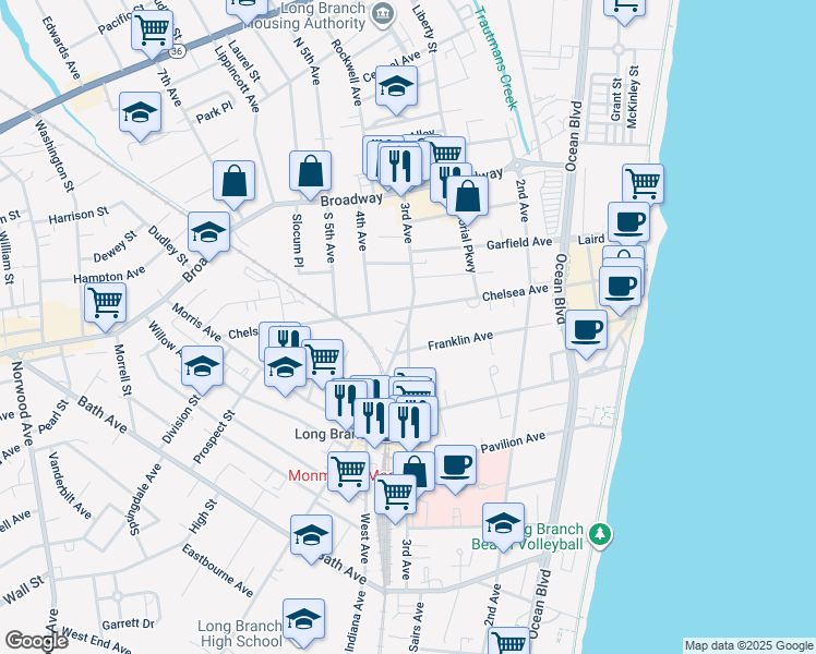 map of restaurants, bars, coffee shops, grocery stores, and more near 37 Westwood Avenue in Long Branch