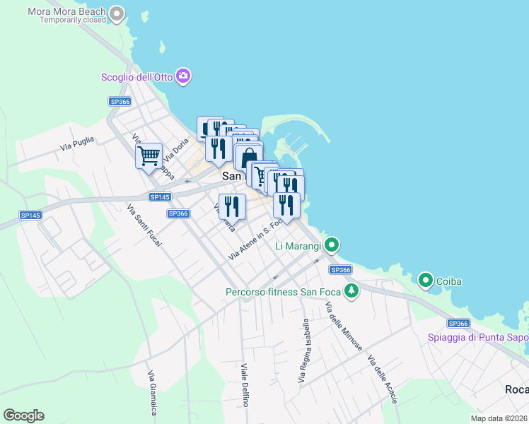 map of restaurants, bars, coffee shops, grocery stores, and more near 9 Via Padova in San Foca