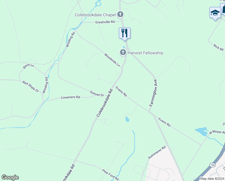 map of restaurants, bars, coffee shops, grocery stores, and more near 521 Colebrookdale Road in Boyertown