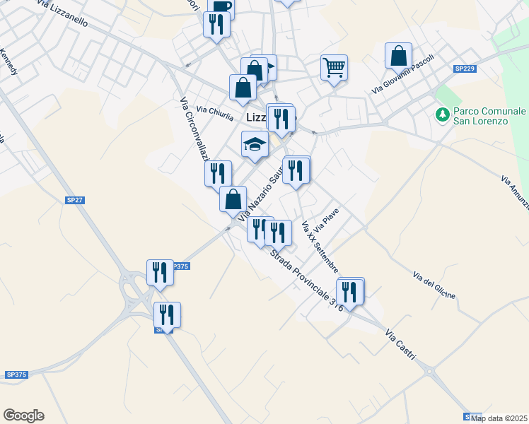 map of restaurants, bars, coffee shops, grocery stores, and more near 48 Via Torino in Lizzanello