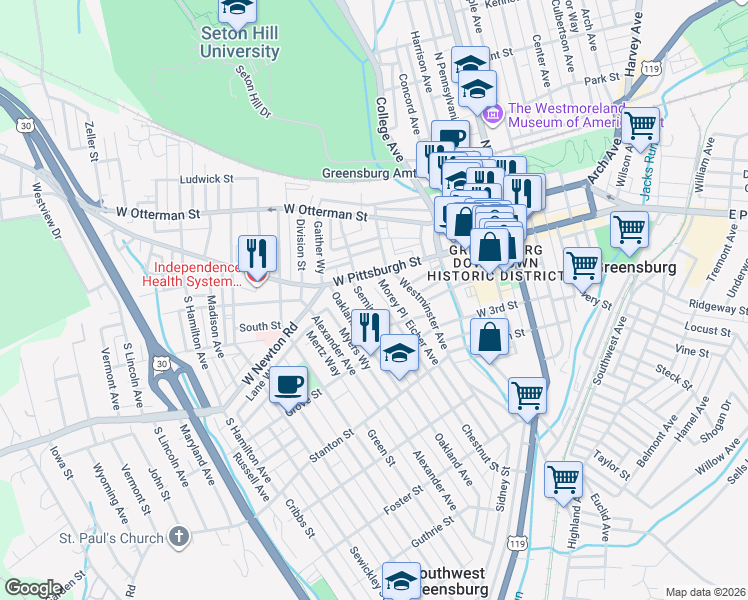 map of restaurants, bars, coffee shops, grocery stores, and more near 320 West Pittsburgh Street in Greensburg