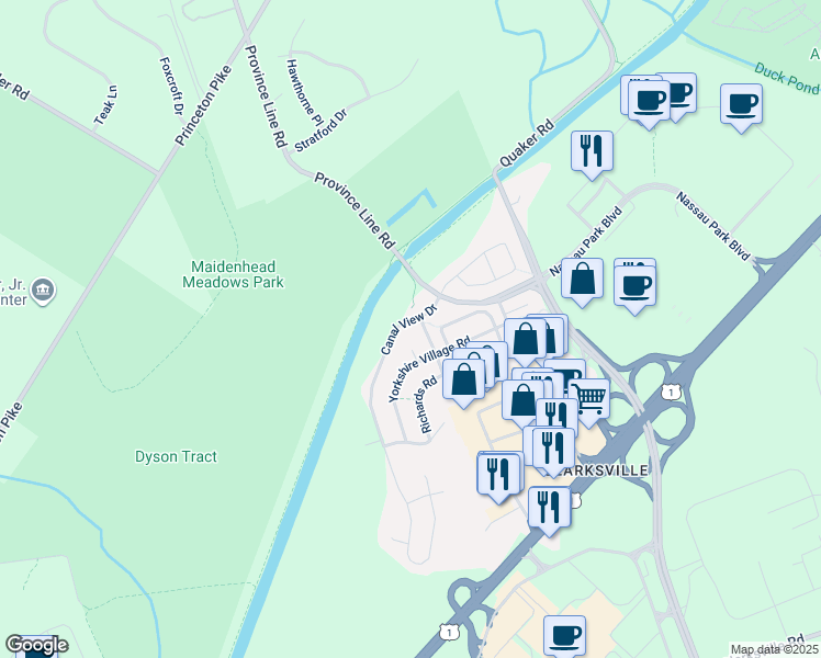 map of restaurants, bars, coffee shops, grocery stores, and more near 3 Canal View Drive in Lawrence Township