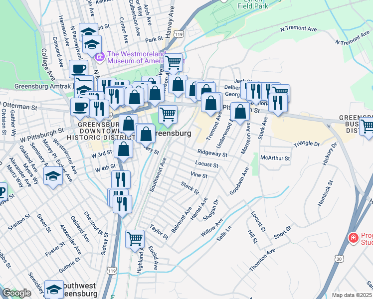 map of restaurants, bars, coffee shops, grocery stores, and more near 307 Highland Ave in Greensburg