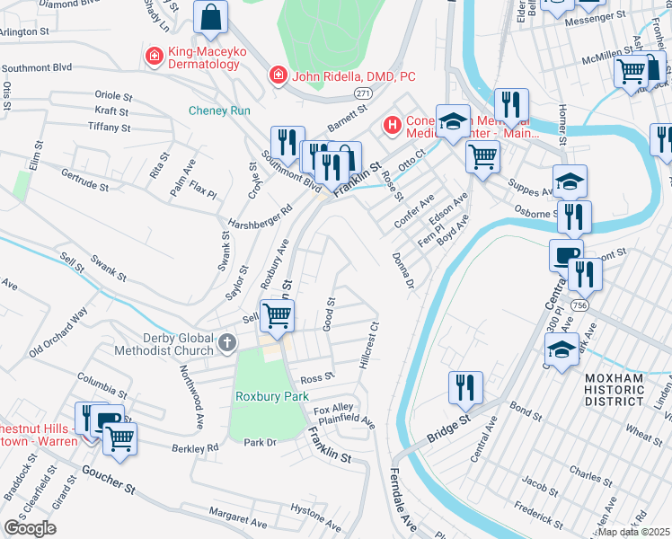 map of restaurants, bars, coffee shops, grocery stores, and more near 1258 Good Street in Johnstown