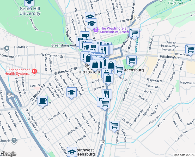 map of restaurants, bars, coffee shops, grocery stores, and more near 238 South Pennsylvania Avenue in Greensburg