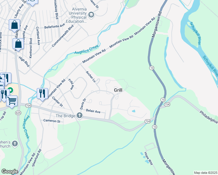 map of restaurants, bars, coffee shops, grocery stores, and more near 5 Ravine Drive in Shillington