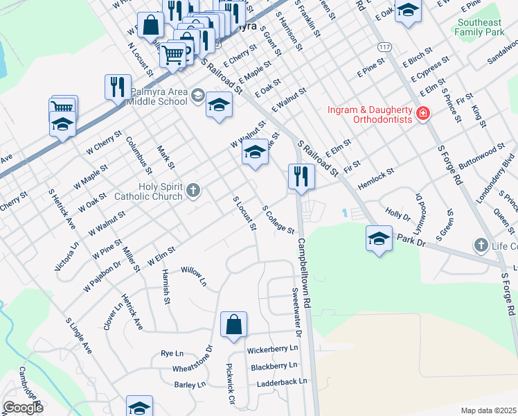 map of restaurants, bars, coffee shops, grocery stores, and more near 101 West Orchard Drive in Palmyra