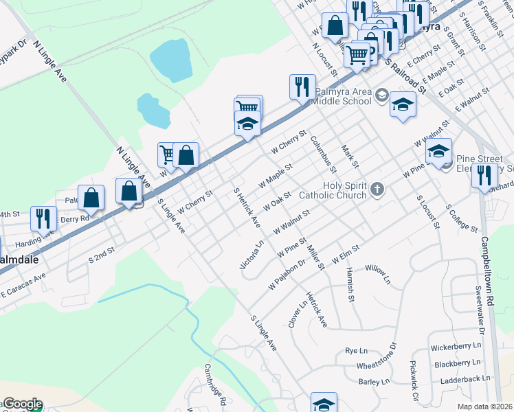 map of restaurants, bars, coffee shops, grocery stores, and more near 713 West Oak Street in Palmyra