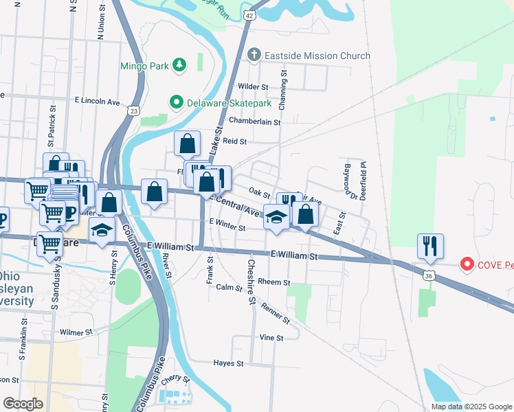 map of restaurants, bars, coffee shops, grocery stores, and more near 15 Channing Street in Delaware