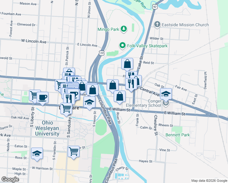 map of restaurants, bars, coffee shops, grocery stores, and more near 56 Annette Street in Delaware