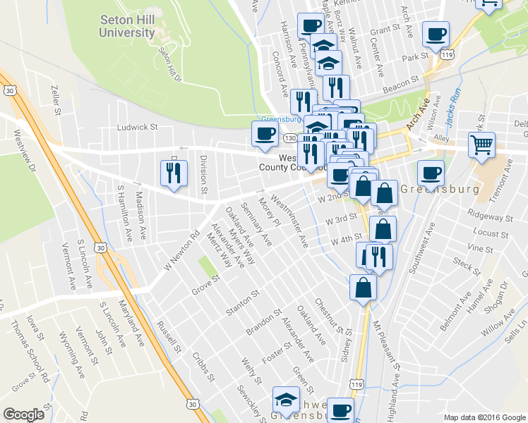 map of restaurants, bars, coffee shops, grocery stores, and more near 320 West Pittsburgh Street in Greensburg