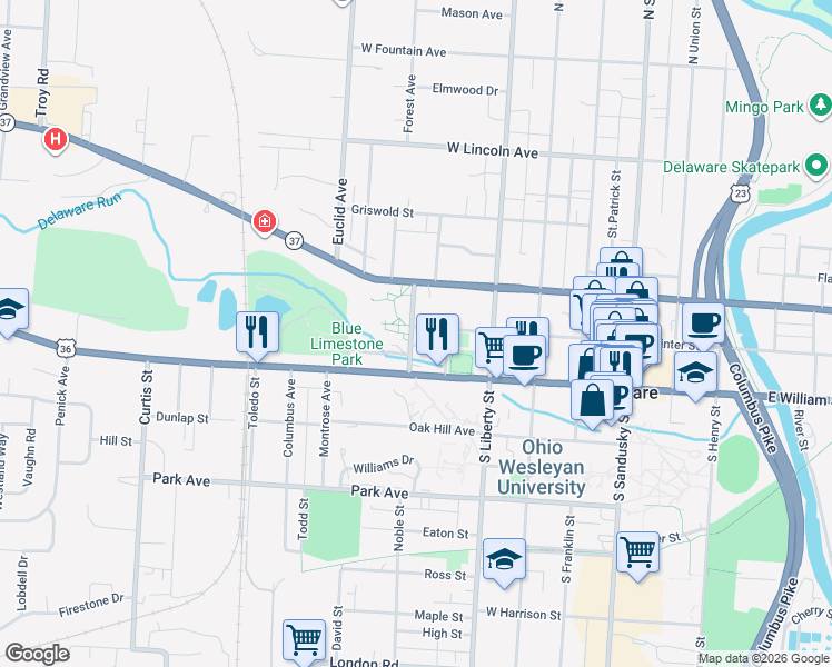 map of restaurants, bars, coffee shops, grocery stores, and more near 185 West Winter Street in Delaware