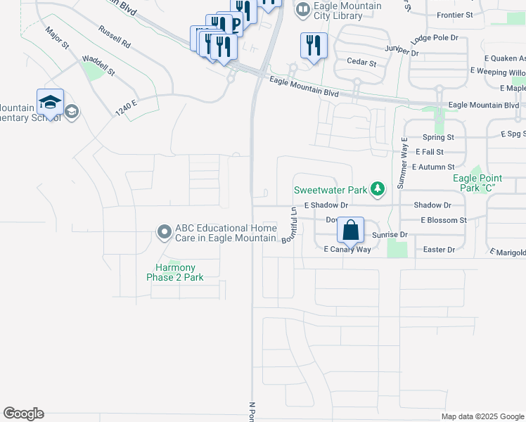 map of restaurants, bars, coffee shops, grocery stores, and more near 1526 East Shadow Drive in Eagle Mountain