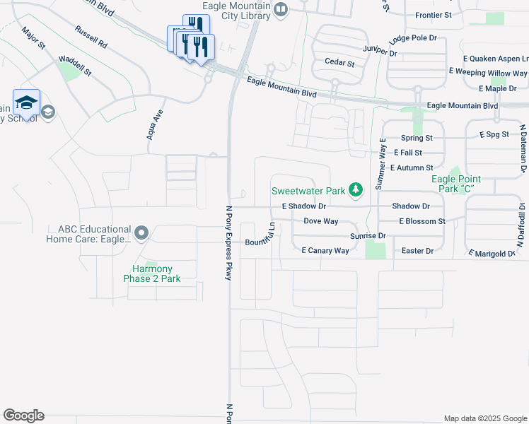 map of restaurants, bars, coffee shops, grocery stores, and more near 1604 Shadow Drive in Eagle Mountain