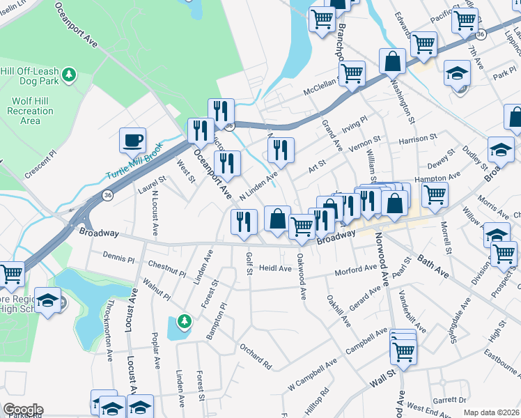 map of restaurants, bars, coffee shops, grocery stores, and more near 35 Victor Avenue in West Long Branch