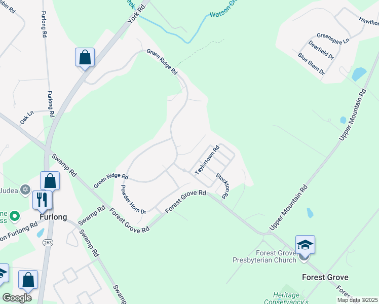 map of restaurants, bars, coffee shops, grocery stores, and more near 3808 Forest Hill Drive in Furlong