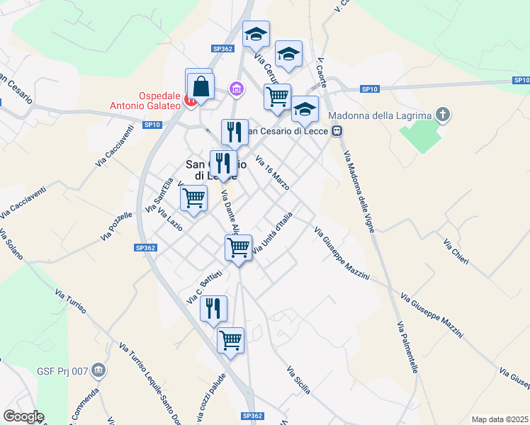 map of restaurants, bars, coffee shops, grocery stores, and more near 30 Via C. F. Barbieri in San Cesario di Lecce