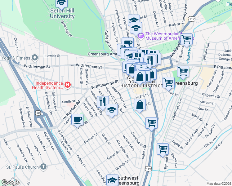 map of restaurants, bars, coffee shops, grocery stores, and more near 225 West 2nd Street in Greensburg