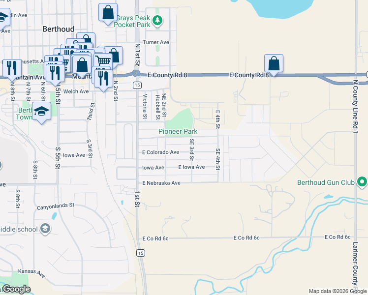map of restaurants, bars, coffee shops, grocery stores, and more near 210 East Colorado Avenue in Berthoud