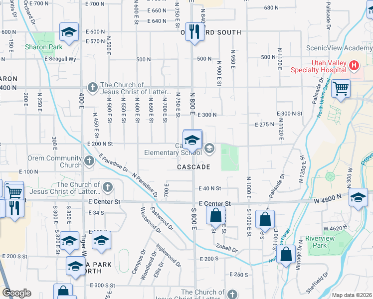 map of restaurants, bars, coffee shops, grocery stores, and more near 181 North 800 East in Orem