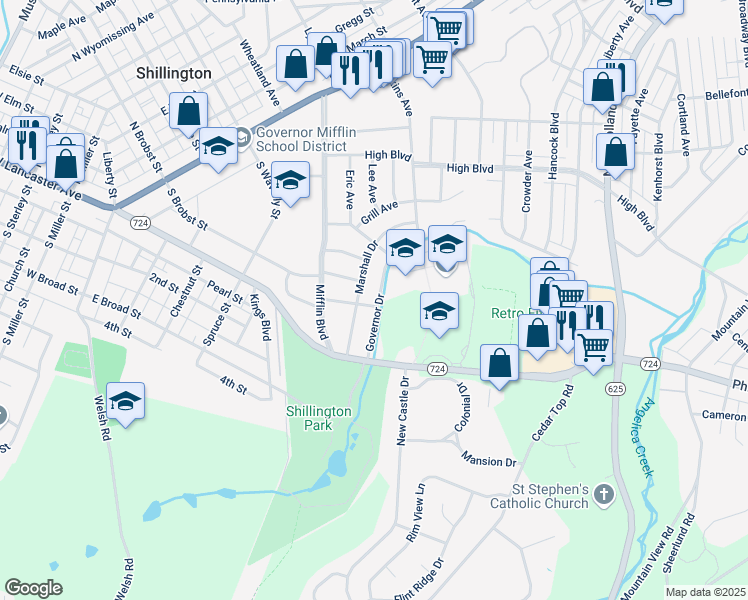 map of restaurants, bars, coffee shops, grocery stores, and more near 401 Governor Drive in Reading