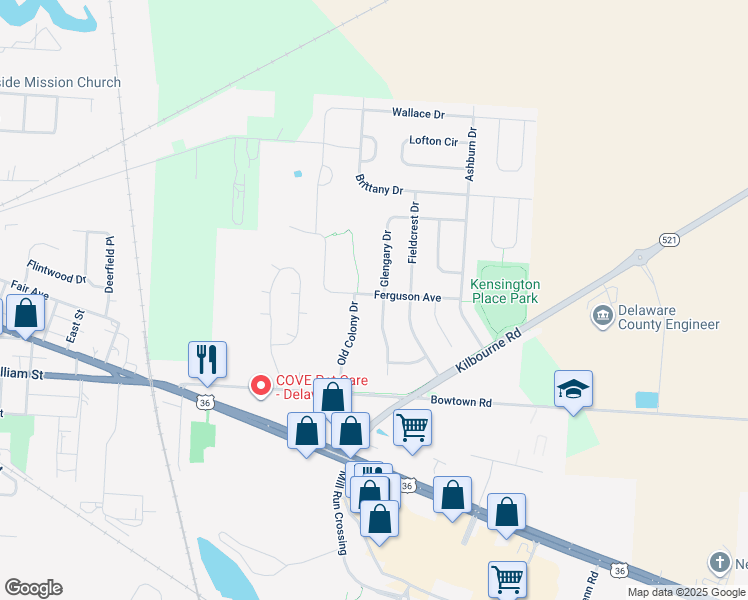 map of restaurants, bars, coffee shops, grocery stores, and more near 99 Glengary Dr in Delaware