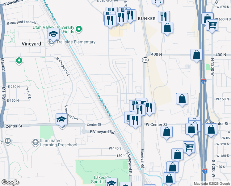 map of restaurants, bars, coffee shops, grocery stores, and more near 667 East 180 North in Vineyard