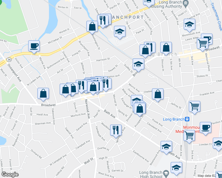 map of restaurants, bars, coffee shops, grocery stores, and more near 517 Broadway in Long Branch