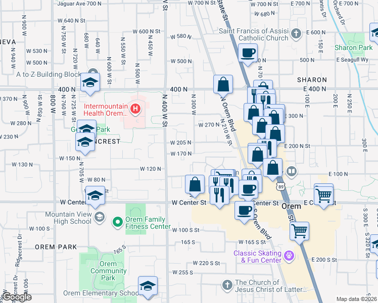 map of restaurants, bars, coffee shops, grocery stores, and more near 314 West 170 North in Orem