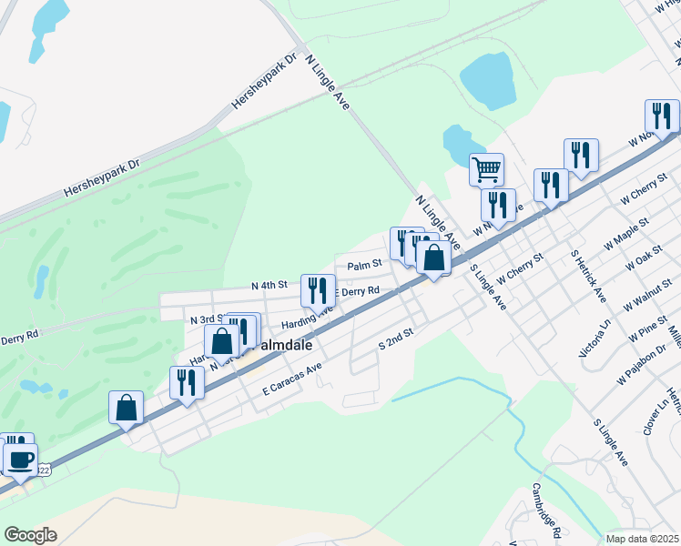 map of restaurants, bars, coffee shops, grocery stores, and more near 1604 Palm Street in Hershey