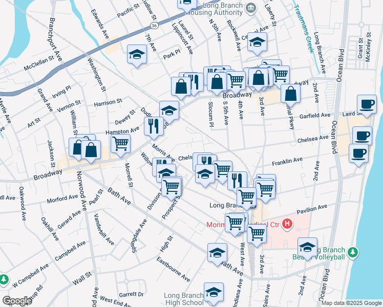 map of restaurants, bars, coffee shops, grocery stores, and more near 335 Chelsea Avenue in Long Branch