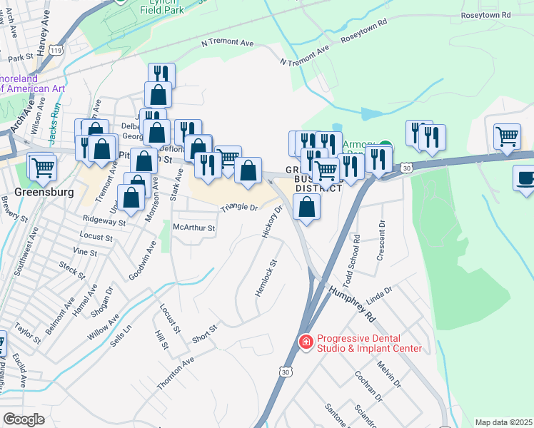 map of restaurants, bars, coffee shops, grocery stores, and more near 420 Hickory Drive in Greensburg