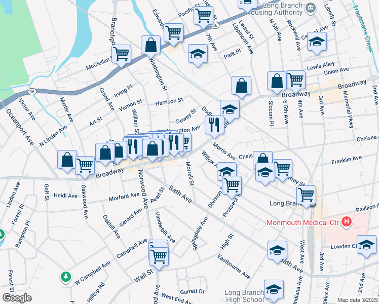 map of restaurants, bars, coffee shops, grocery stores, and more near 501 Broadway in Long Branch