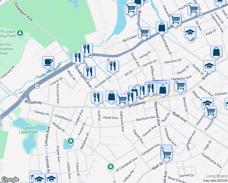 map of restaurants, bars, coffee shops, grocery stores, and more near 21 Eunice Terrace in West Long Branch