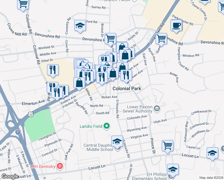 map of restaurants, bars, coffee shops, grocery stores, and more near 125 Ferree Street in Harrisburg