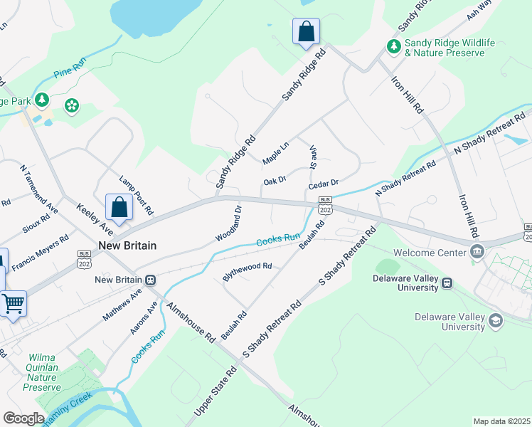 map of restaurants, bars, coffee shops, grocery stores, and more near 300 East Butler Avenue in New Britain