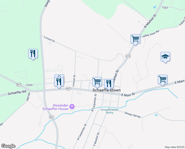 map of restaurants, bars, coffee shops, grocery stores, and more near 301 North Carpenter Street in Myerstown