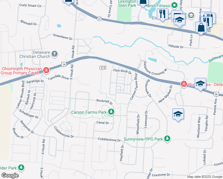 map of restaurants, bars, coffee shops, grocery stores, and more near 341 Flint Rock Drive in Delaware