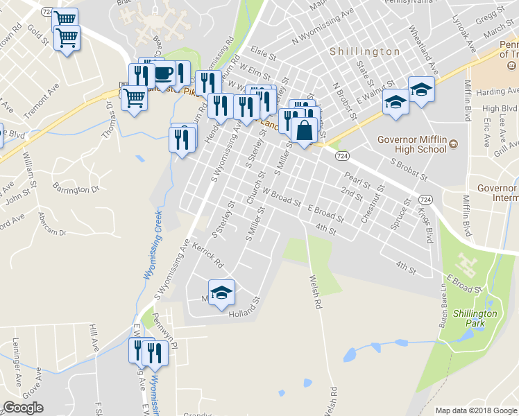 map of restaurants, bars, coffee shops, grocery stores, and more near 218 South Miller Street in Shillington