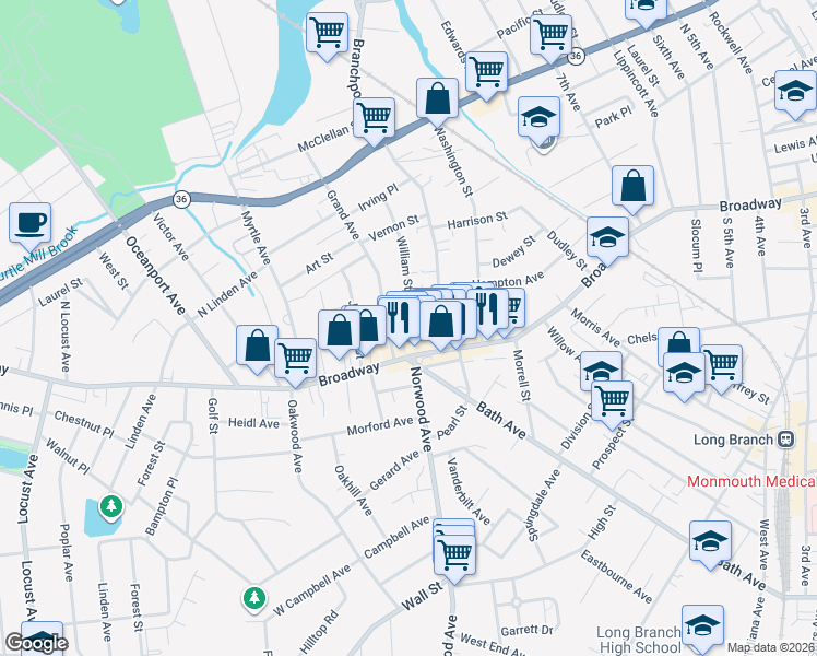 map of restaurants, bars, coffee shops, grocery stores, and more near 600 Russell Avenue in Long Branch