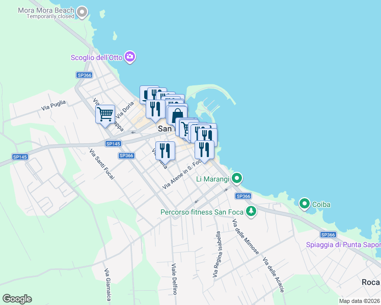 map of restaurants, bars, coffee shops, grocery stores, and more near 9 Via Padova in San Foca