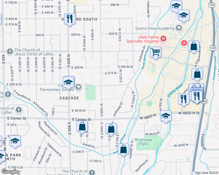 map of restaurants, bars, coffee shops, grocery stores, and more near 194 North 1040 East in Orem