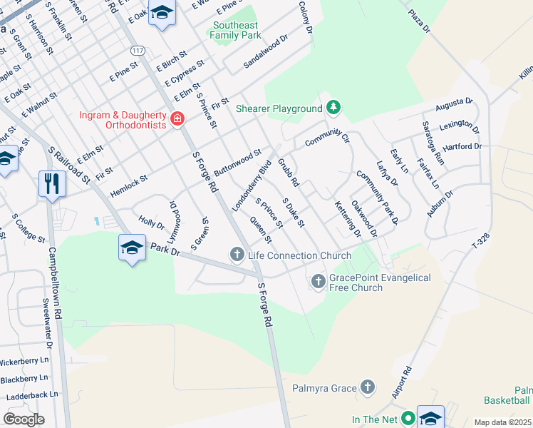 map of restaurants, bars, coffee shops, grocery stores, and more near 1251 South Prince Street in Palmyra