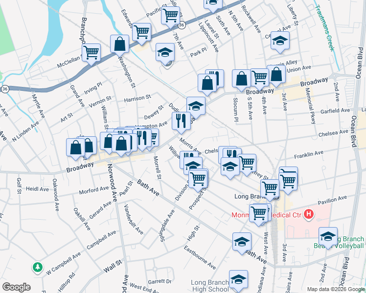 map of restaurants, bars, coffee shops, grocery stores, and more near 422 Morris Avenue in Long Branch