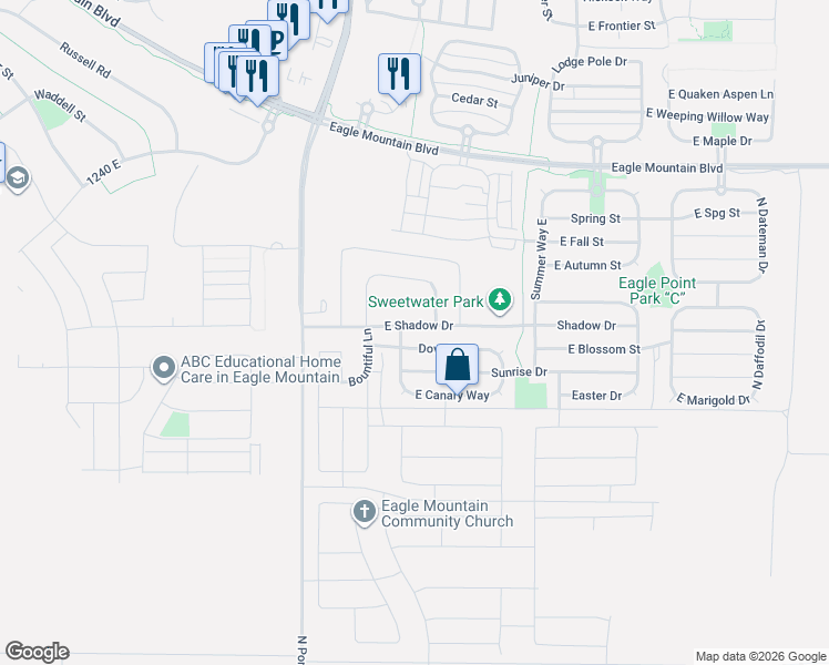map of restaurants, bars, coffee shops, grocery stores, and more near 1718 East Shadow Drive in Eagle Mountain