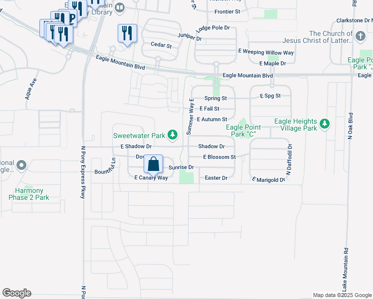 map of restaurants, bars, coffee shops, grocery stores, and more near 3671 Summer Way East in Eagle Mountain