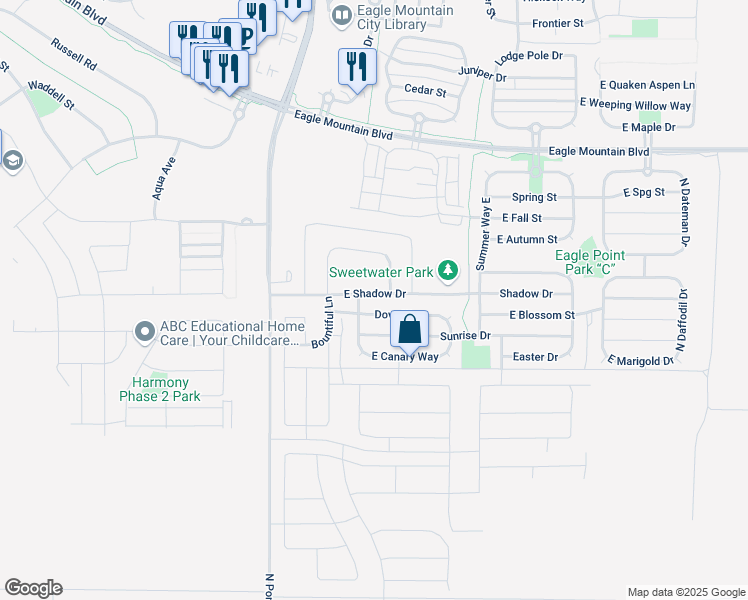 map of restaurants, bars, coffee shops, grocery stores, and more near 1728 East Shadow Drive in Eagle Mountain