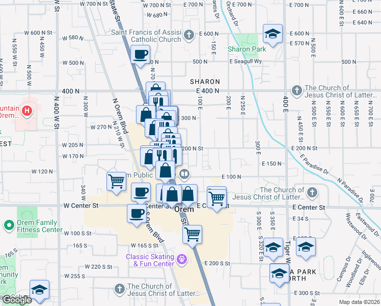 map of restaurants, bars, coffee shops, grocery stores, and more near 47 180 North in Orem