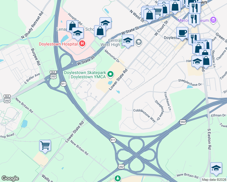map of restaurants, bars, coffee shops, grocery stores, and more near 2401 Lower State Road in Doylestown
