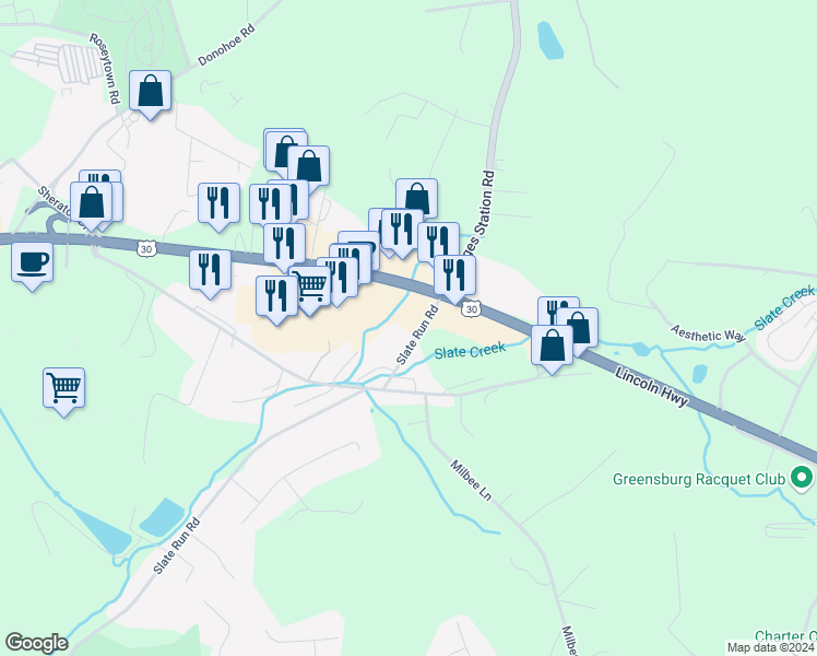 map of restaurants, bars, coffee shops, grocery stores, and more near 827 Georges Station Road in Greensburg